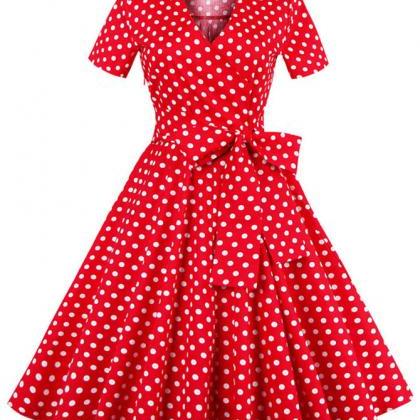 Red 50s Vintage Rockabilly Polka Dots Mid Length Cocktail Party Dress Red 50s Vintage Rockabilly Polka Dots Mid Length Cocktail Party Dress