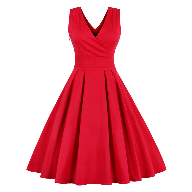 Sexy V-Neck Solid Red 50s Bow Vintage Swing Dress on Luulla