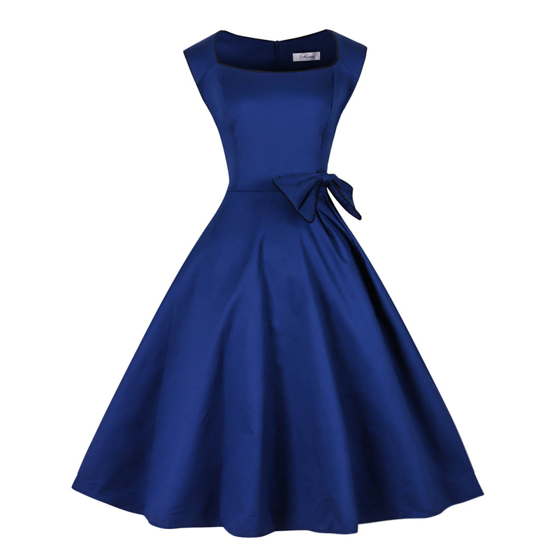 Royal Blue Bateau Solid 50s Vintage Dress With Bowknot