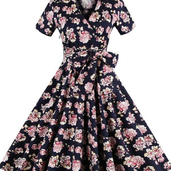 Black Floral Vintage Rockabilly Mid Length 50s Cocktail Party Dress On