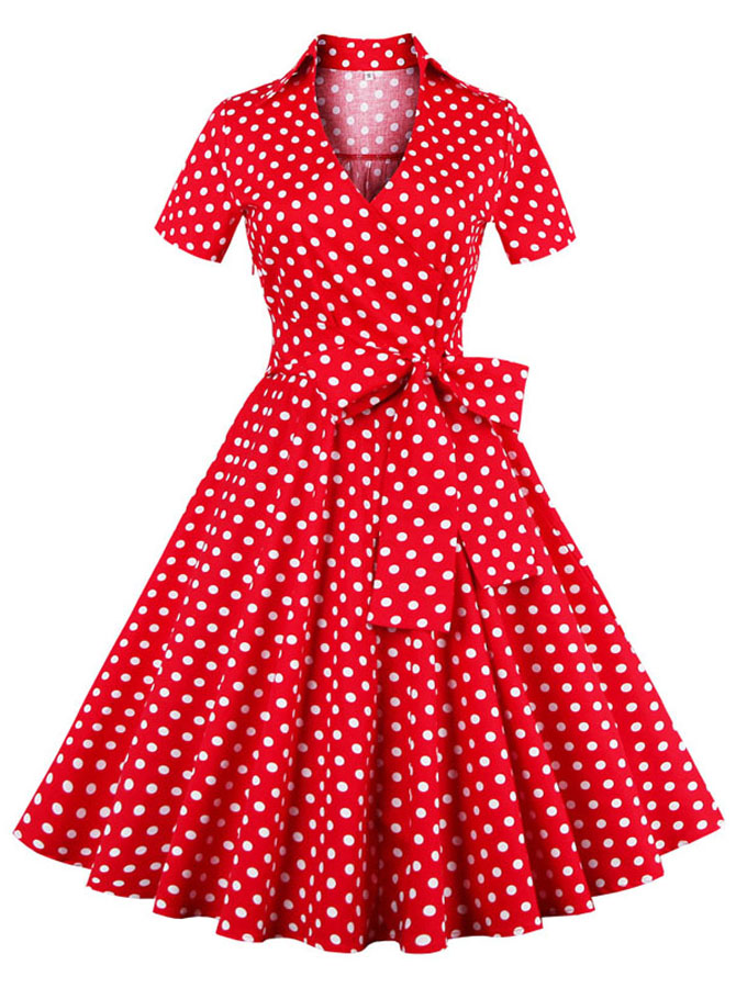 Red 50s Vintage Rockabilly Polka Dots Mid-length Cocktail Party Dress ...